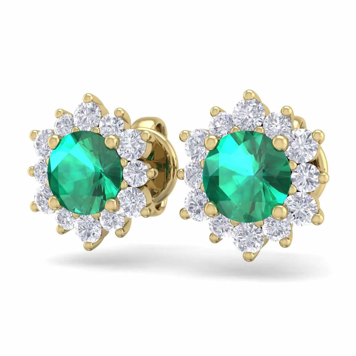 1 1/2 Carat Round Shape Flower Emerald And Diamond Halo Stud Earrings In 14 Karat Yellow Gold