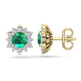 1 1/2 Carat Round Shape Flower Emerald And Diamond Halo Stud Earrings In 14 Karat Yellow Gold