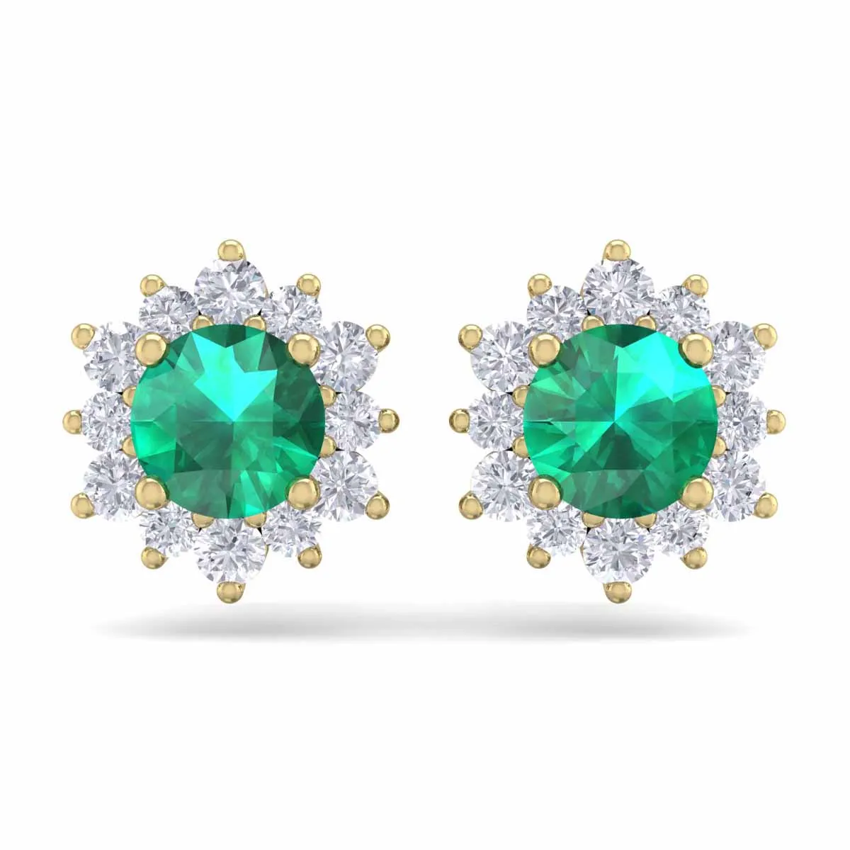 1 1/2 Carat Round Shape Flower Emerald And Diamond Halo Stud Earrings In 14 Karat Yellow Gold