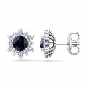 1 Carat Round Shape Flower Sapphire And Diamond Halo Stud Earrings In 14 Karat White Gold