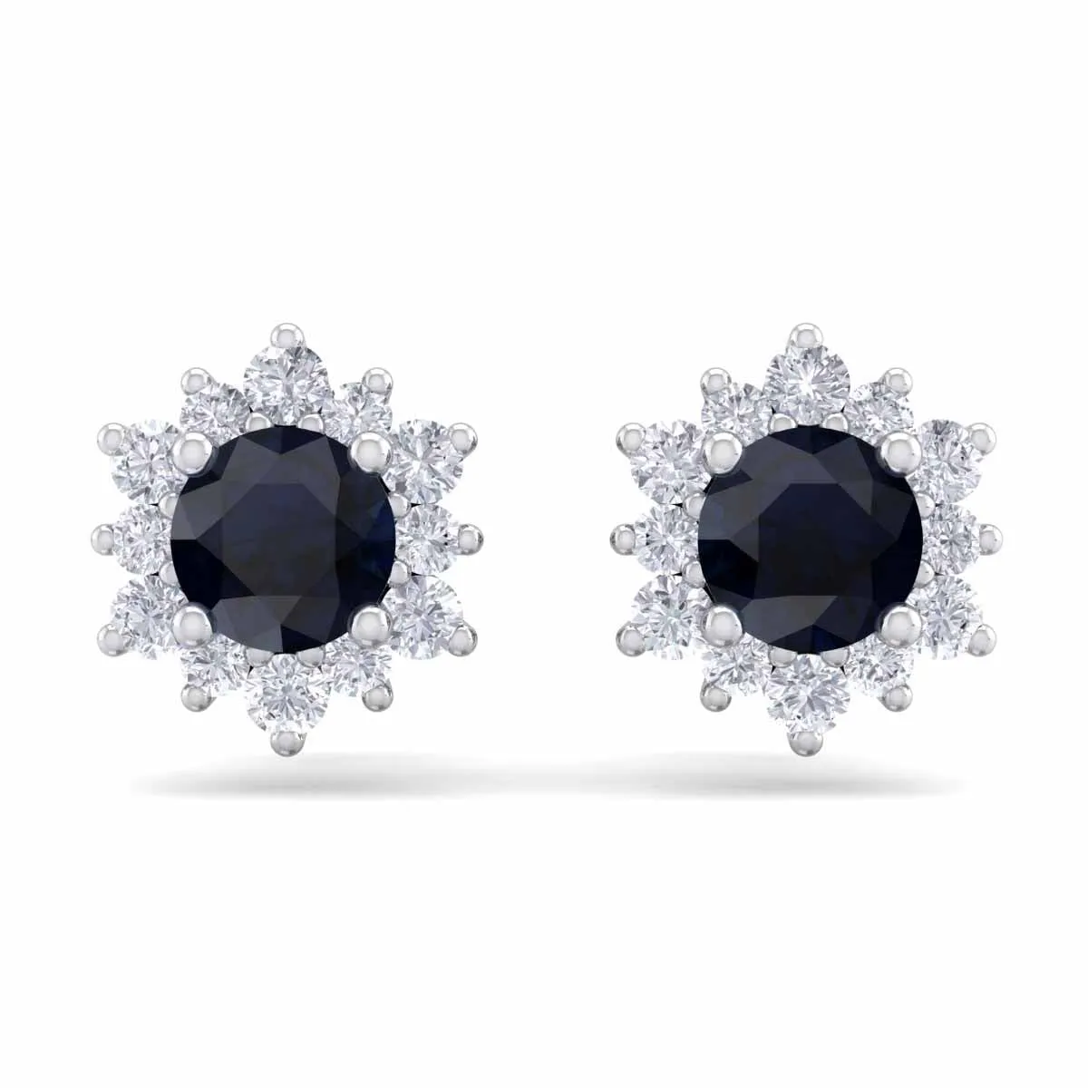 1 Carat Round Shape Flower Sapphire And Diamond Halo Stud Earrings In 14 Karat White Gold