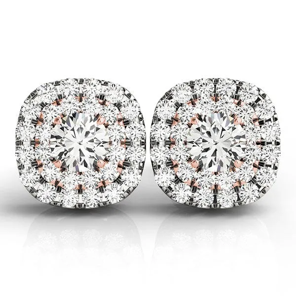 14k White and Rose Gold Cushion Shape Halo Diamond Earrings (3/4 cttw)-rx62766