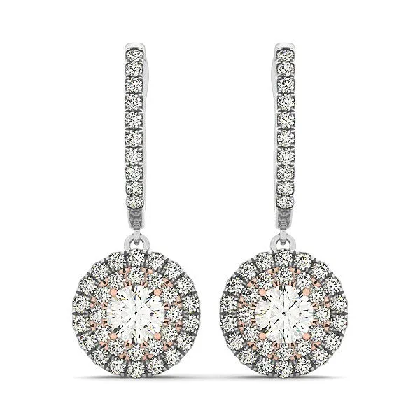 14k White And Rose Gold Drop Diamond Earrings with a Halo Design (3/4 cttw)-rx24202