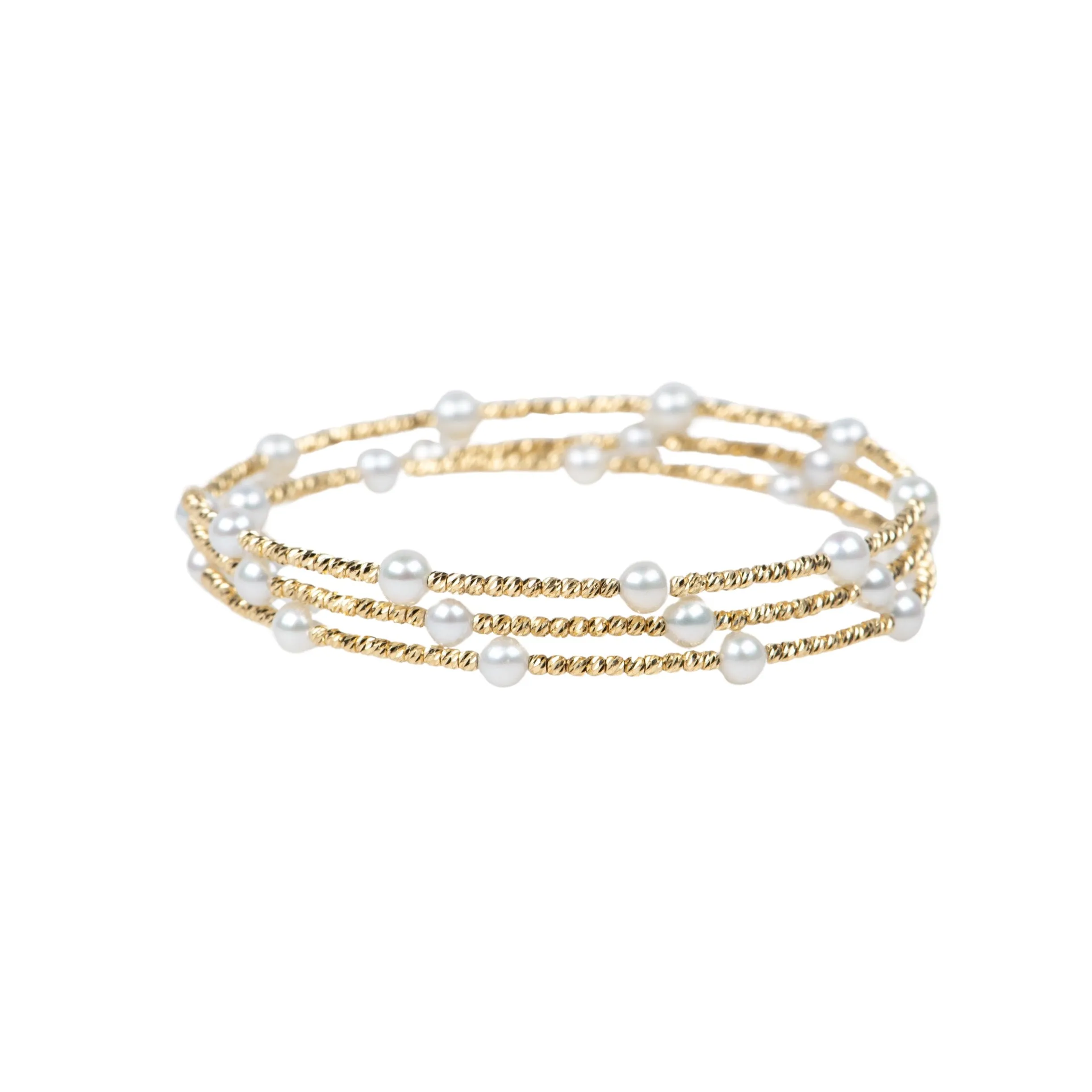 18K Gold Diamond Cut Bead 3-Row Stretchy Bracelet Bangle with Pearls R2123