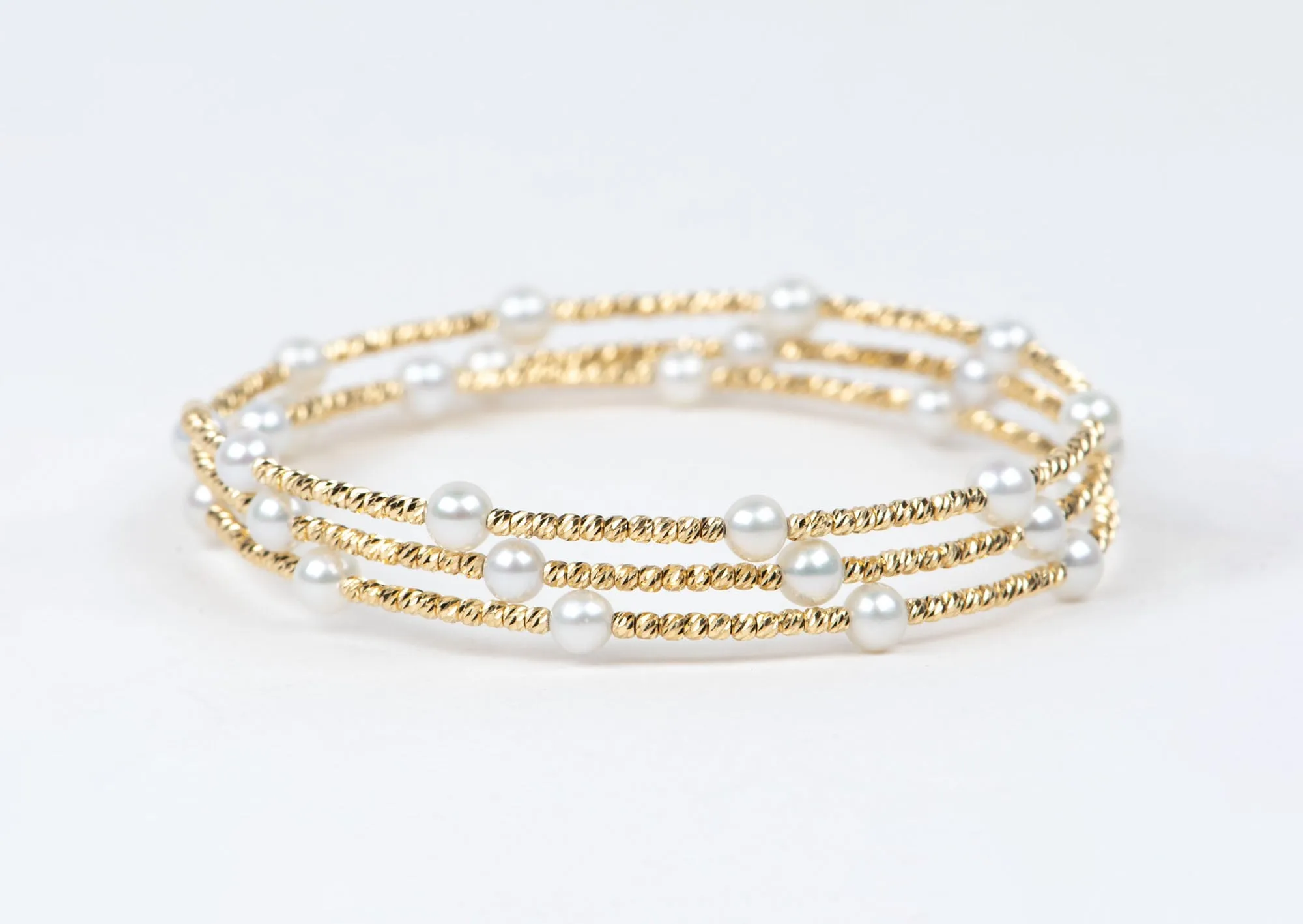 18K Gold Diamond Cut Bead 3-Row Stretchy Bracelet Bangle with Pearls R2123