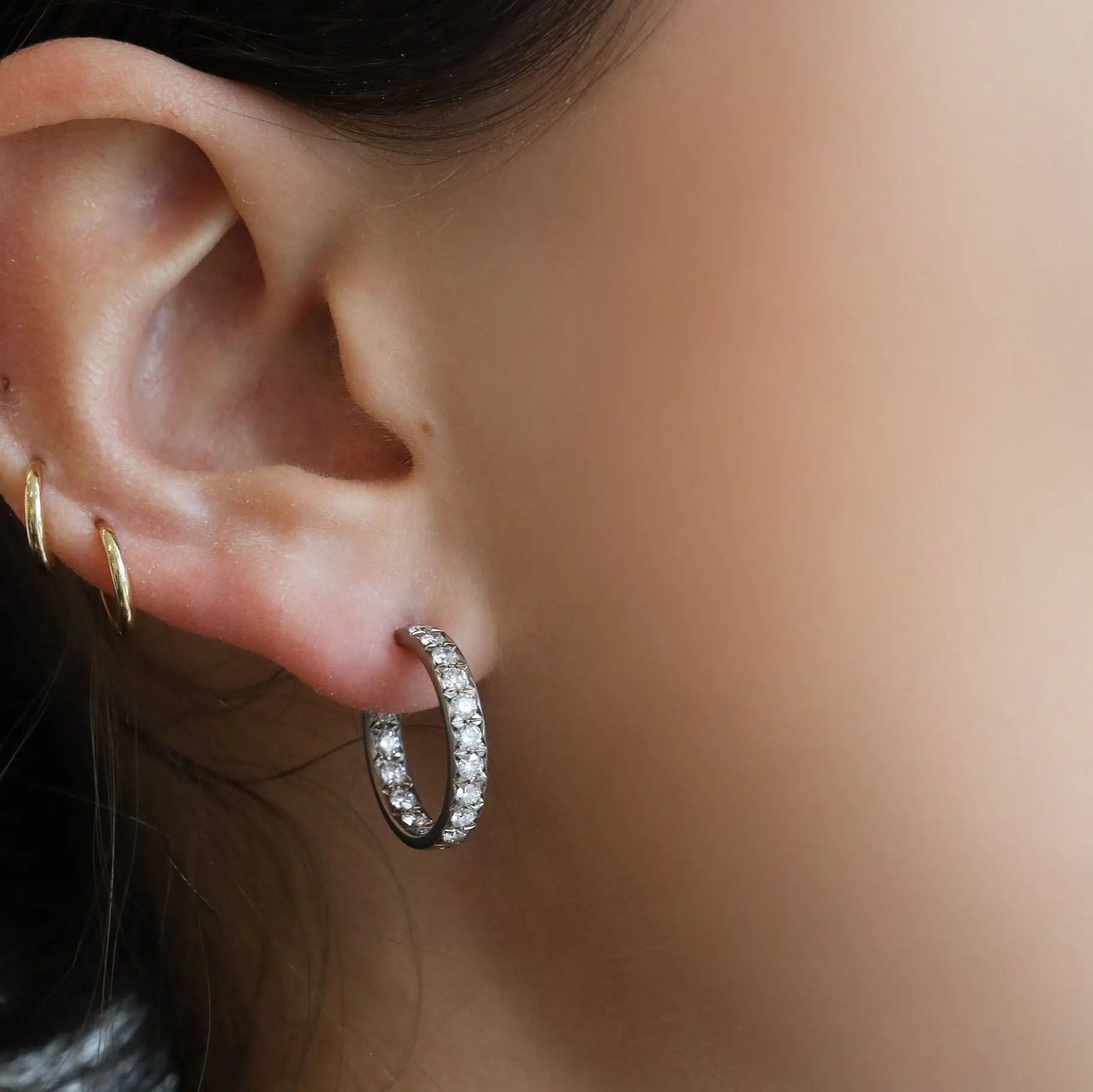 18K White Gold & Pave Diamond Hoop Earrings