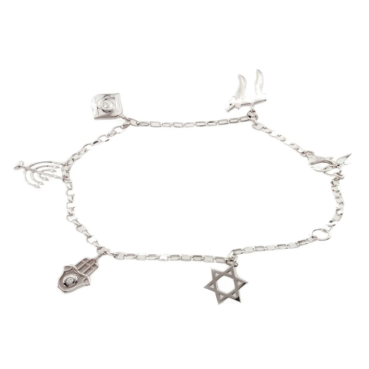 18K White Gold Diamond Charm Bracelet with Jewish Motifs 0.06CT