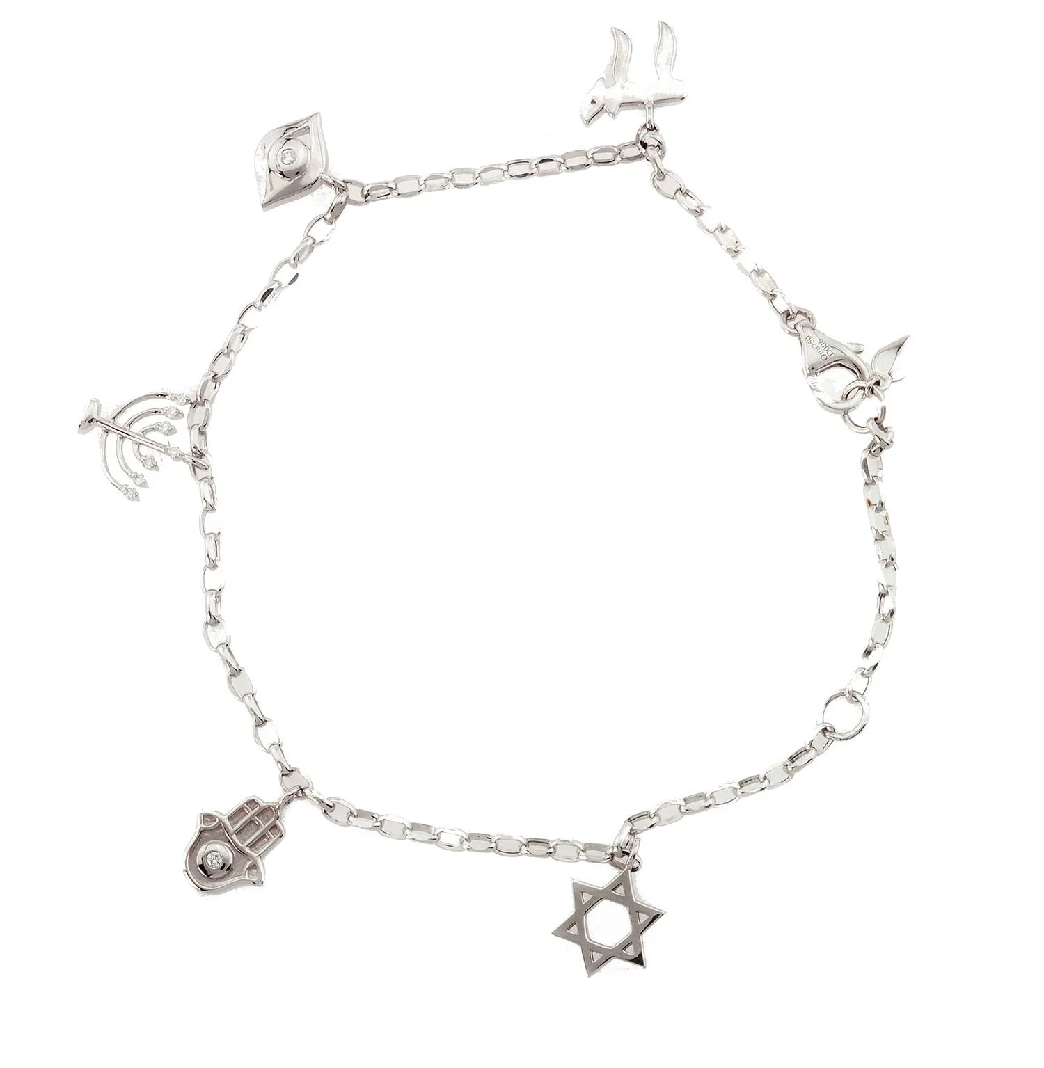 18K White Gold Diamond Charm Bracelet with Jewish Motifs 0.06CT