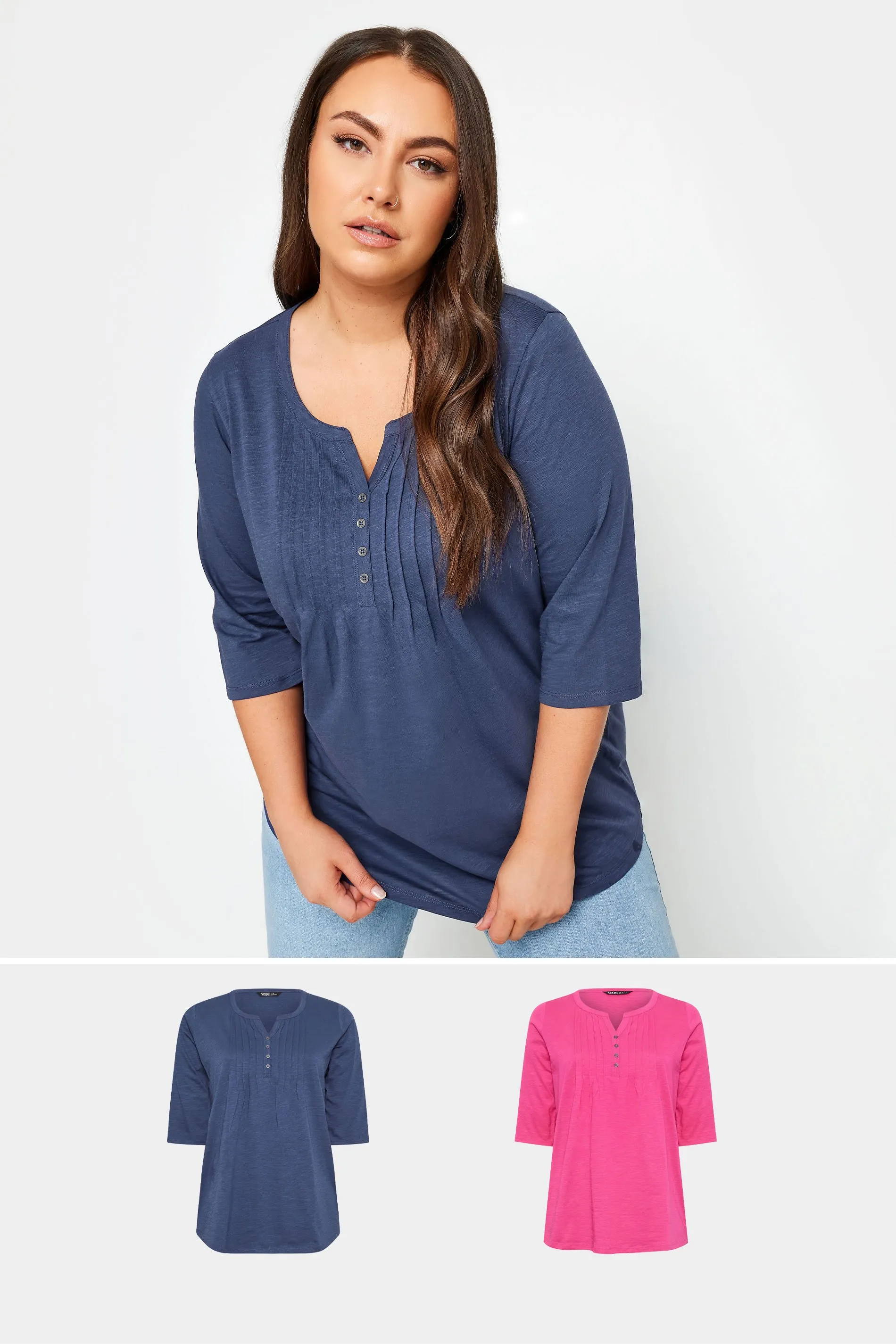 2 PACK Blue & Pink Pintuck Henley Tops