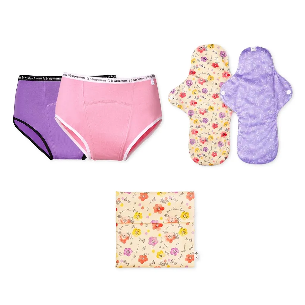 2 Period Underwear (Lilac and Pink) + 2 Flow Lock Cloth Pads + Free Wet Pouch