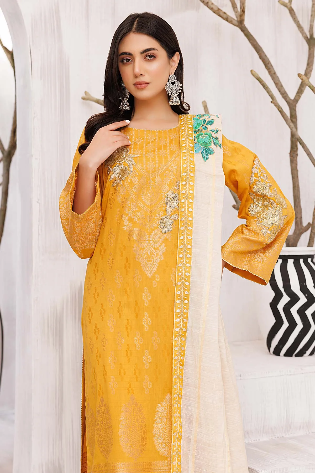 3-Pc charizma Embroidered Lawn Jacquard With Fancy Dupatta CBN23-02