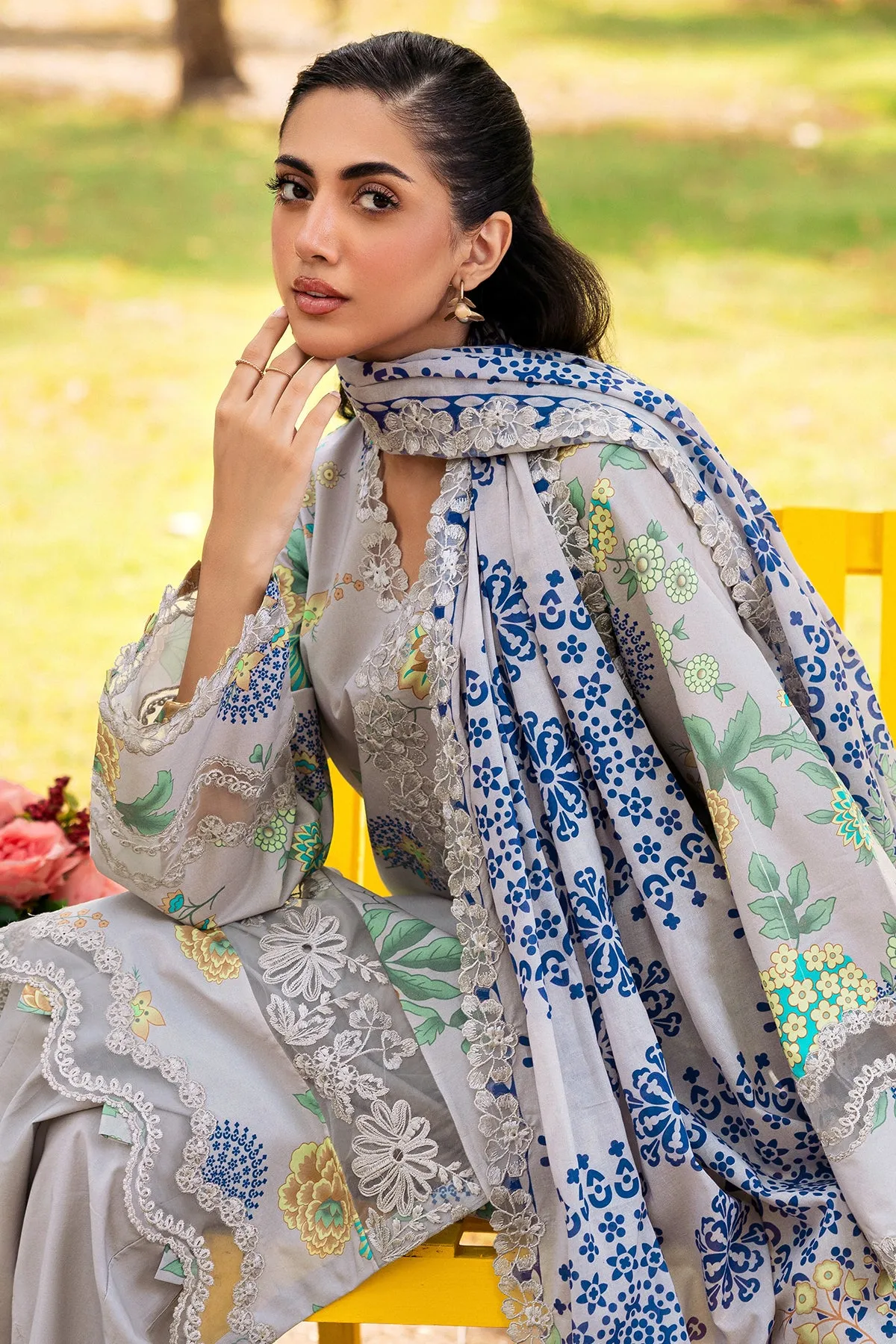 3-PC Unstitched Embroidered Lawn Shirt with Embroidered Lawn Dupatta and Trouser CRN4-03