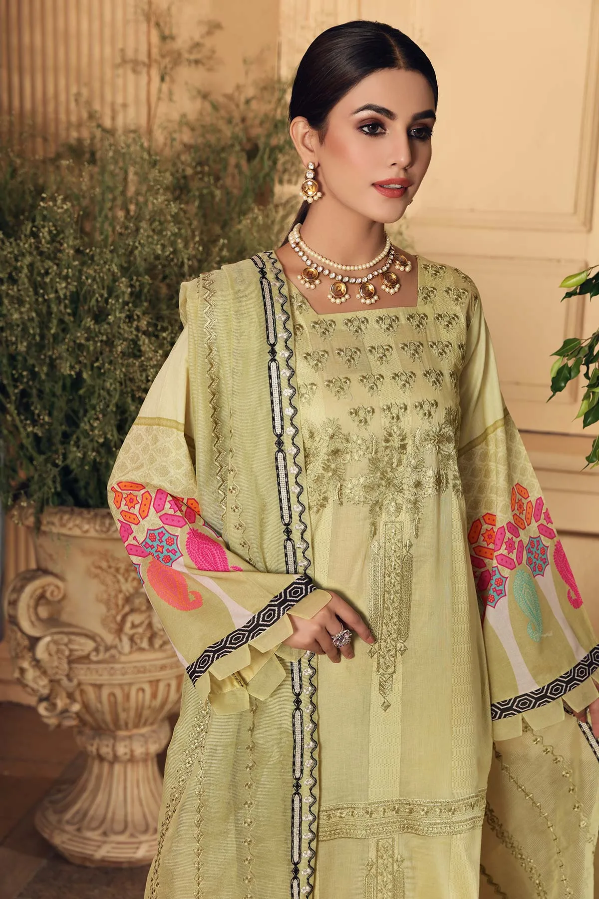 3-Pc Unstitched Embroidered Lawn With Chiffon Dupatta CN-17