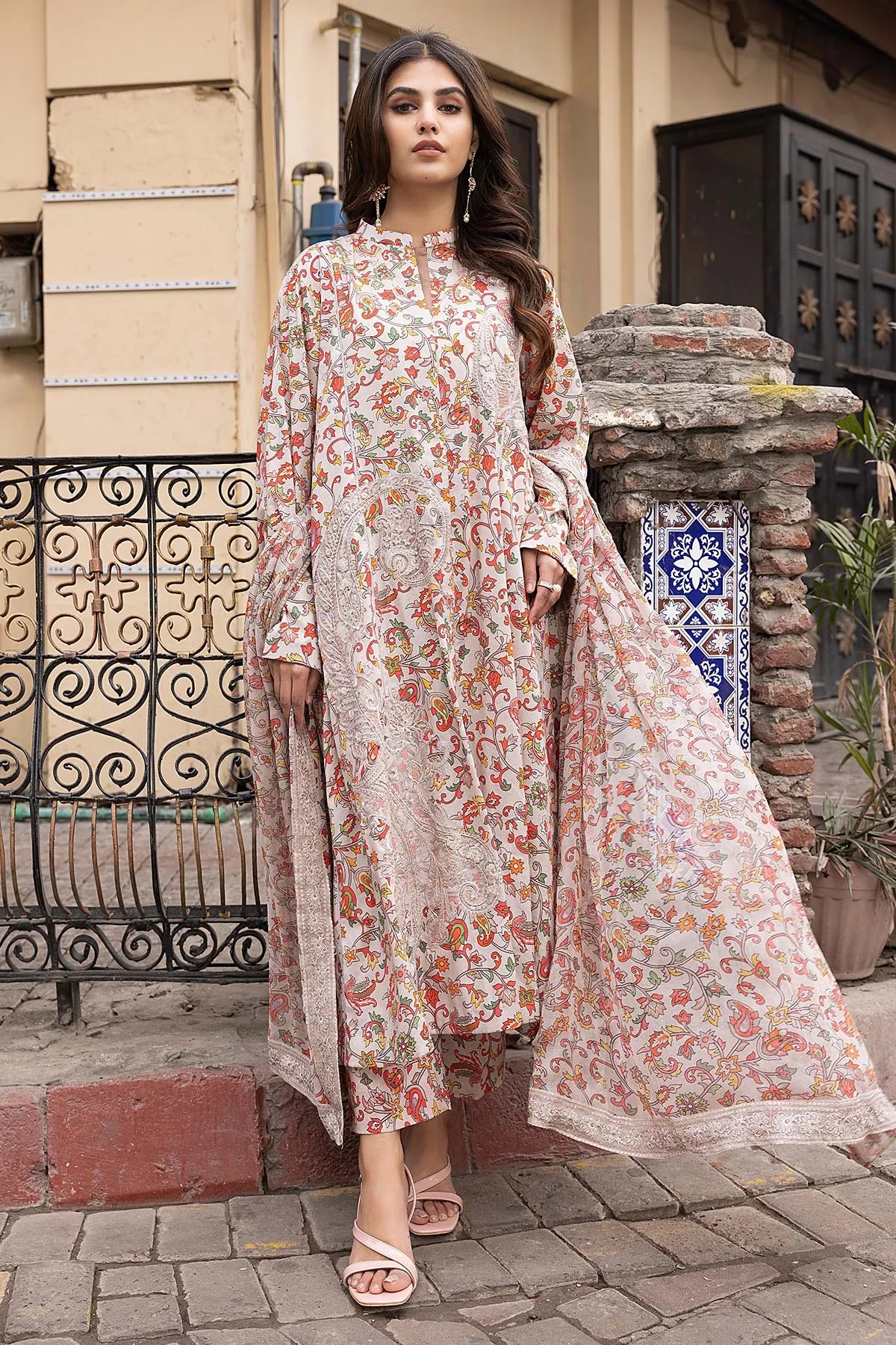 3-Pc Unstitched Printed Embroidered Lawn Suit With Embroidered Chiffon Dupatta CRB23-05