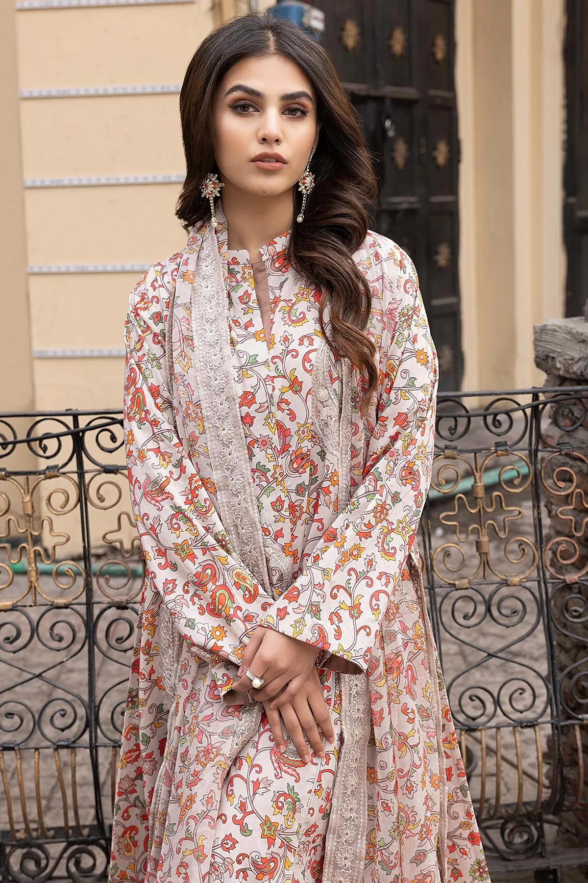 3-Pc Unstitched Printed Embroidered Lawn Suit With Embroidered Chiffon Dupatta CRB23-05