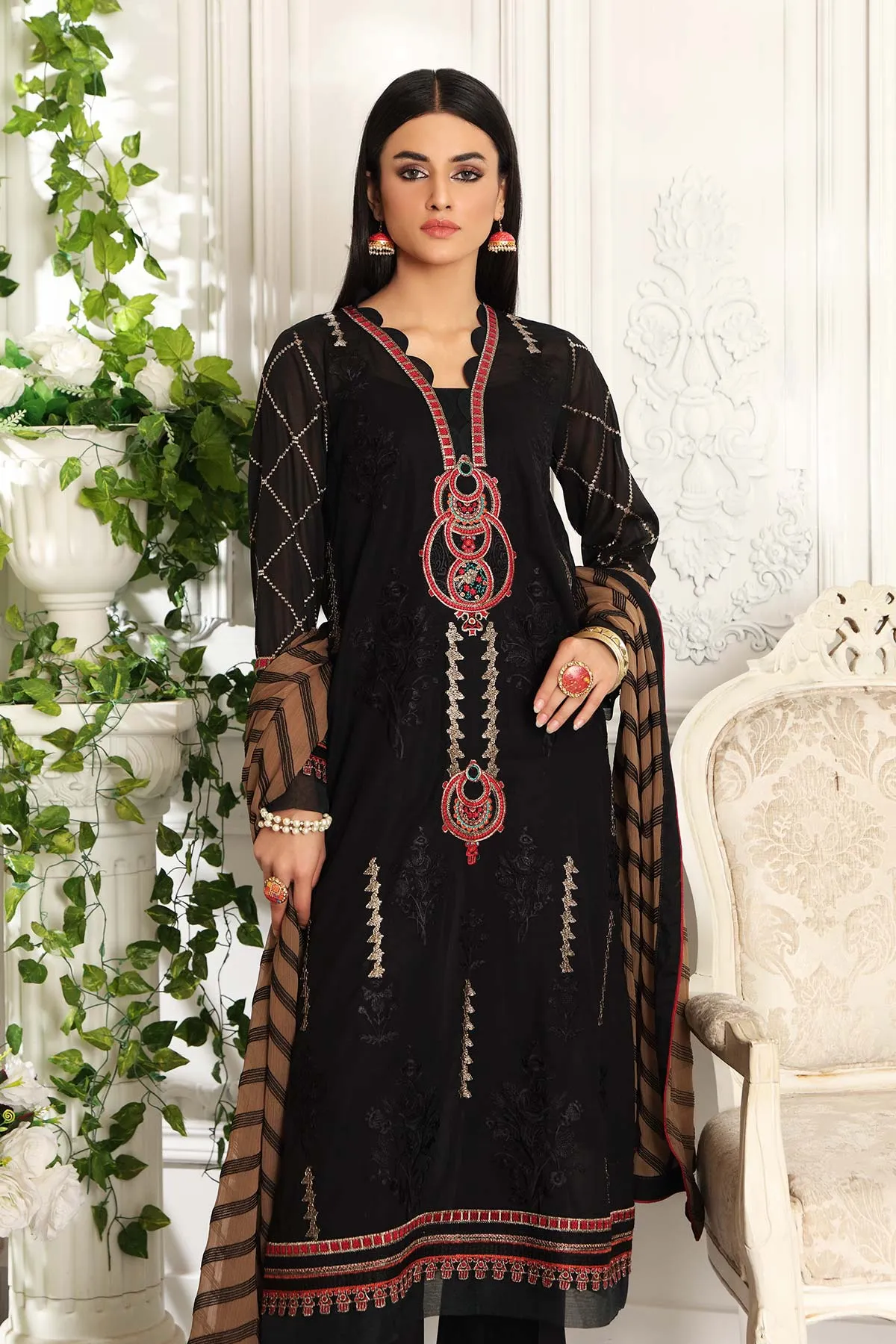 3-piece Unstitched Embroidered Swiss With Chiffon Dupatta CM-04