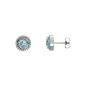 9mm Halo Style Aquamarine & Diamond Earrings in 14k White Gold