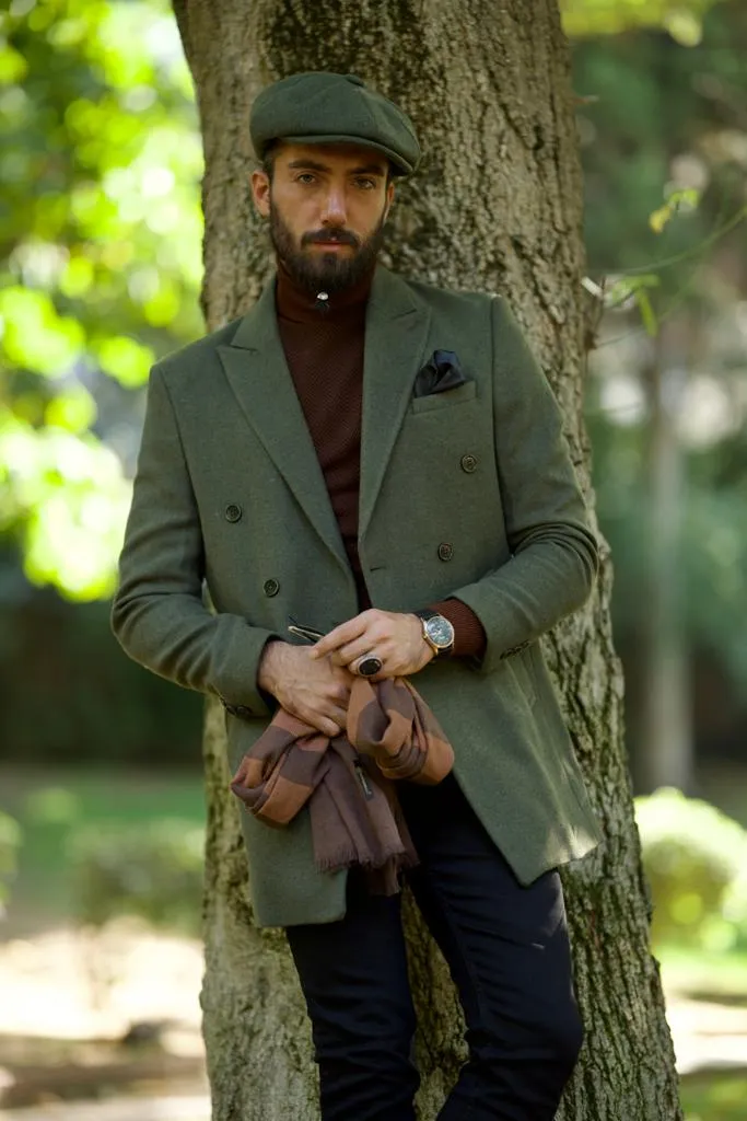 Caesar Slim Fit Double Breasted Khaki Wool Cachet Coat