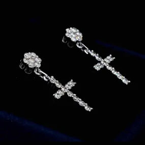 Cluster Dangling Cross Diamond Earrings Solid 14K Gold