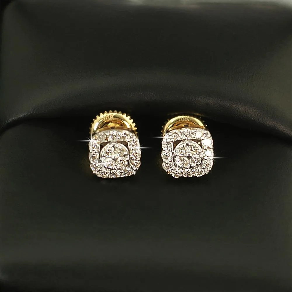 Cushion Halo Cluster Diamond Earrings .34cttw 10K Yellow Gold