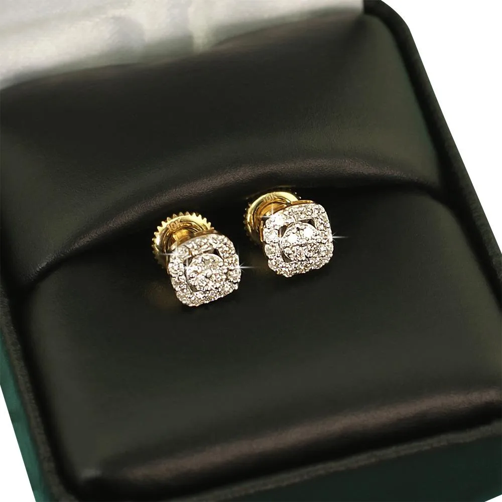 Cushion Halo Cluster Diamond Earrings .34cttw 10K Yellow Gold