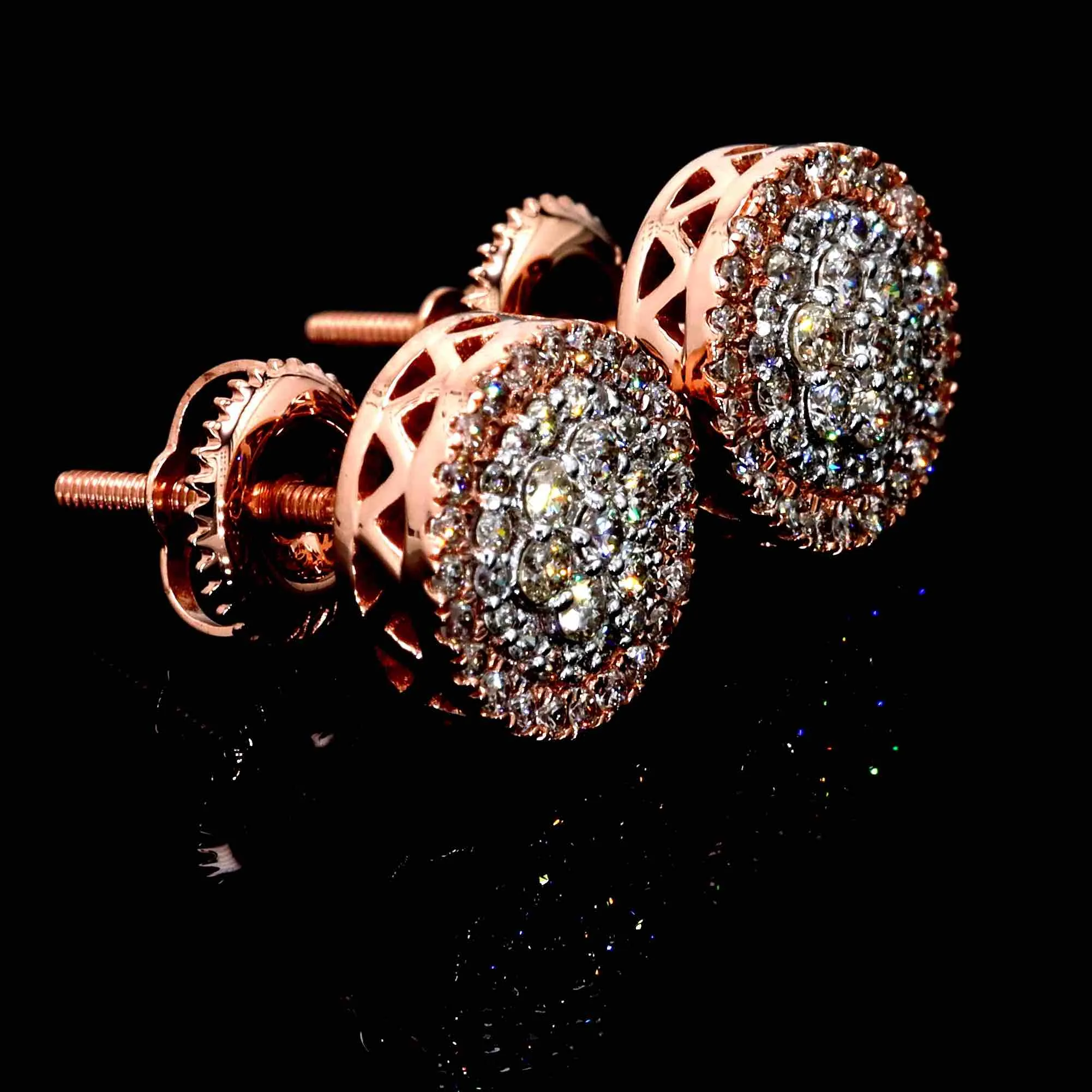 Double Halo Flower Diamond Earrings Solid 14K Gold