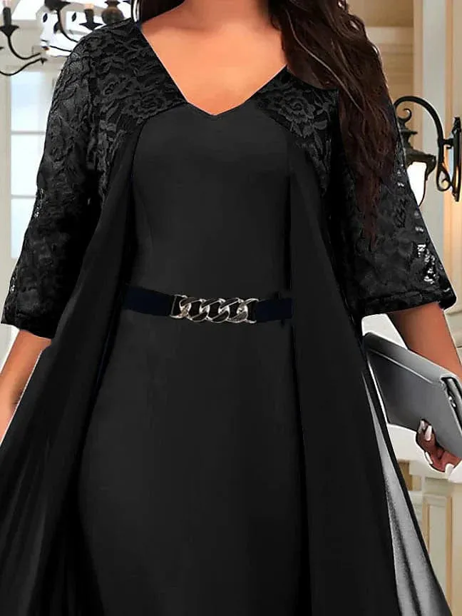 Elegant Plus Size Black Lace Cocktail Dress with V Neck