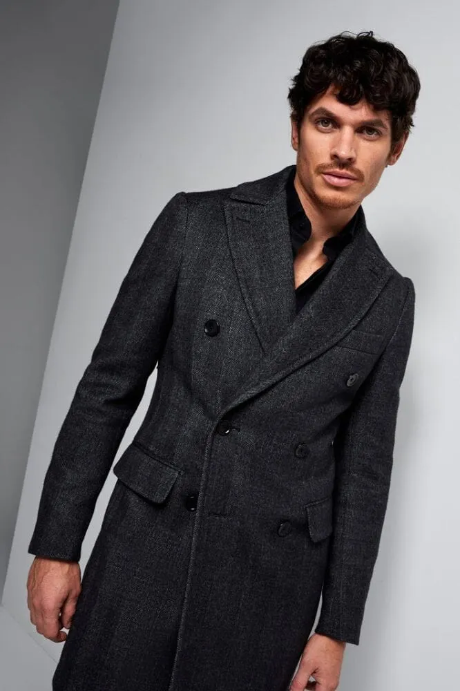 Enzo Luxe Coat - Charcoal Herringbone Double Faced Wool