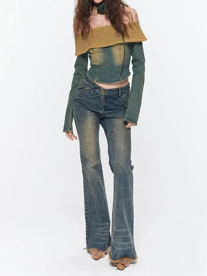 Faded Wrap Denim Off-Shoulder Vintage Tops＆Pants