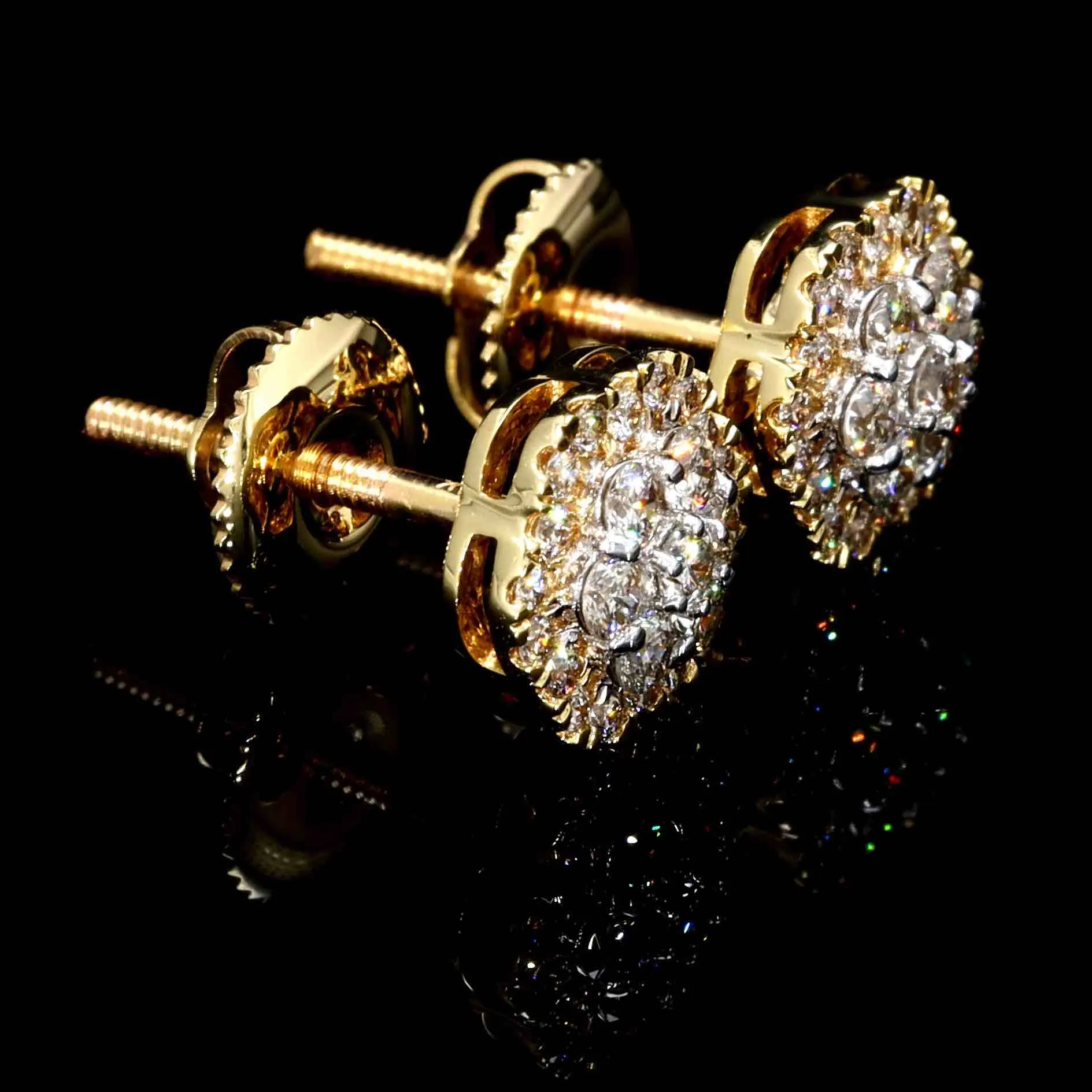 Flower Hex Halo Diamond Earrings Solid 14K Gold