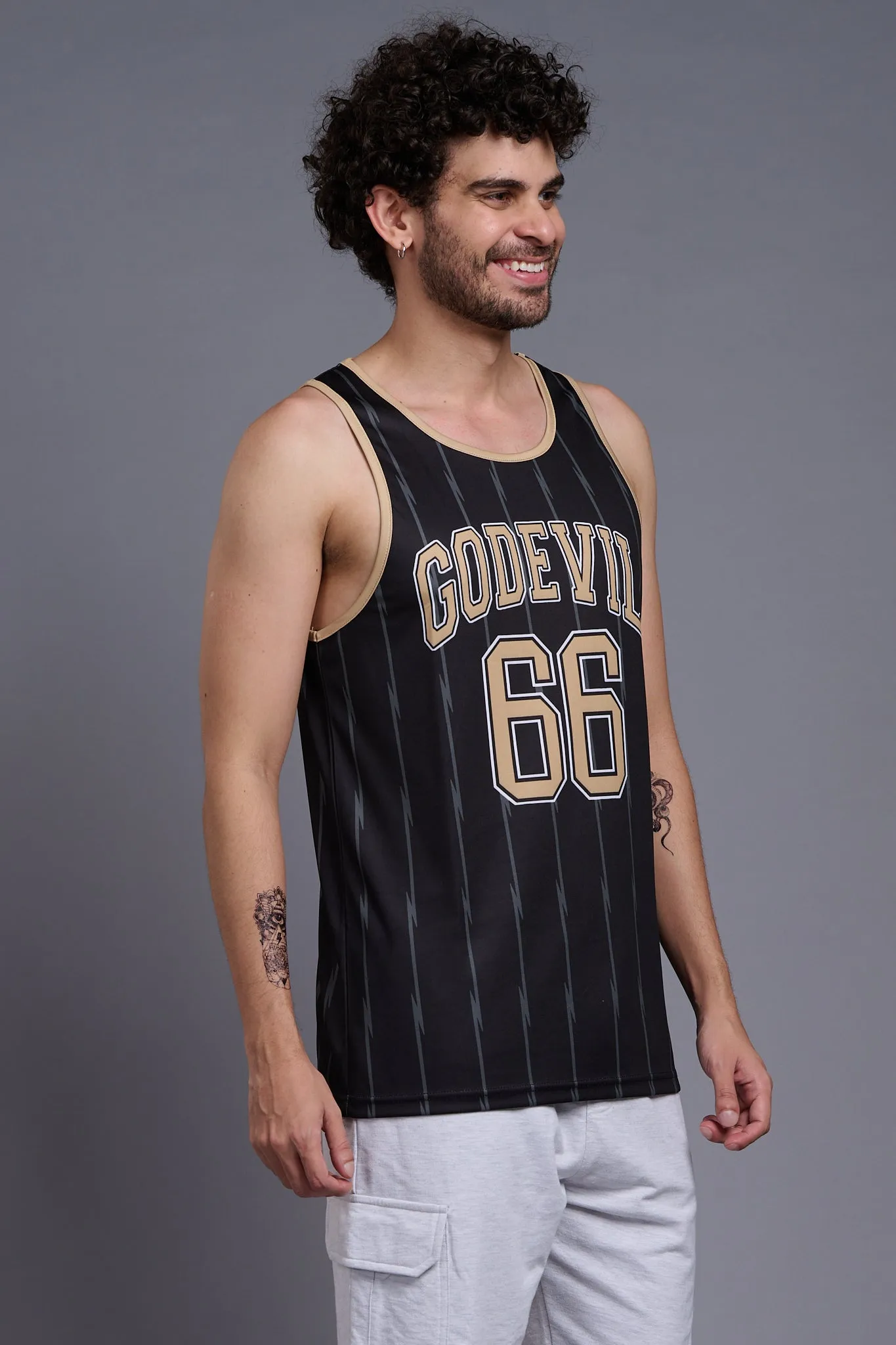 Go Devil 66 Printed Stripes Black Vests for Men