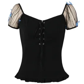 Gothic Cotton Women Vintage Tops Lace Up Bust 50s 60s Chemise Femme Puff Sleeve Butterfly Solid Black Women Shirt Blouses