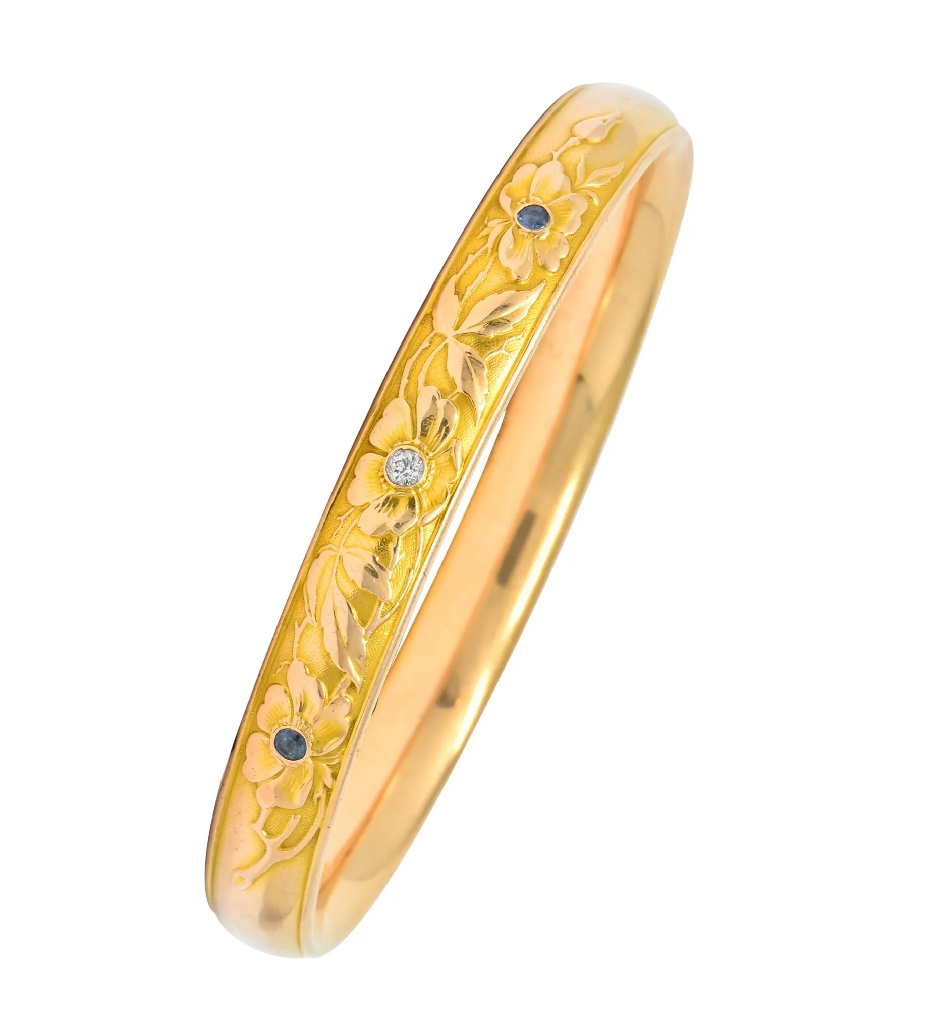 Krementz Diamond Sapphire 14 Karat Gold Engraved Floral Bangle Bracelet