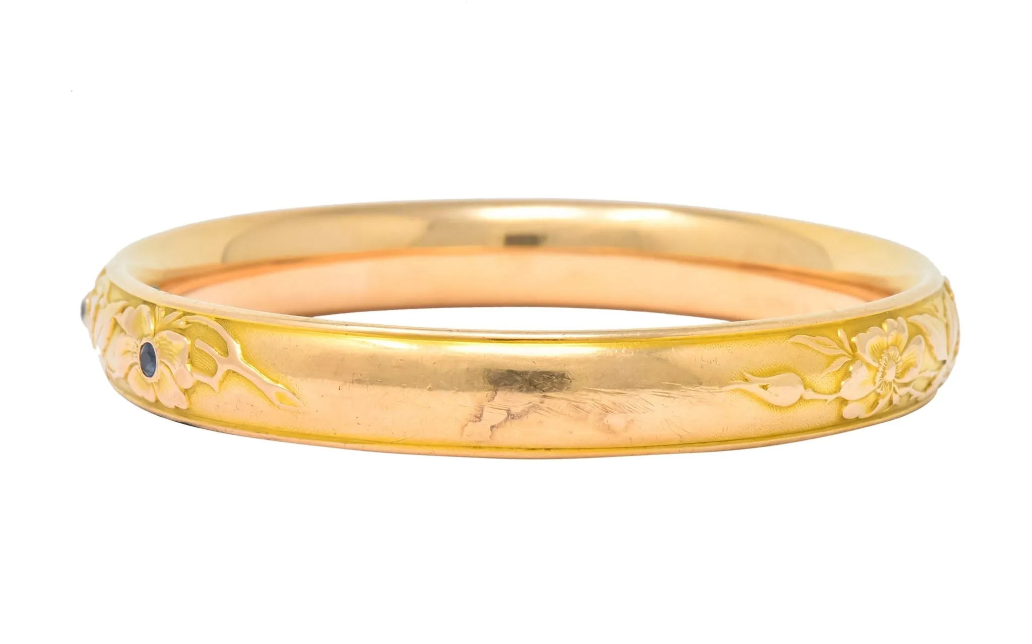 Krementz Diamond Sapphire 14 Karat Gold Engraved Floral Bangle Bracelet