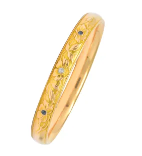 Krementz Diamond Sapphire 14 Karat Gold Engraved Floral Bangle Bracelet