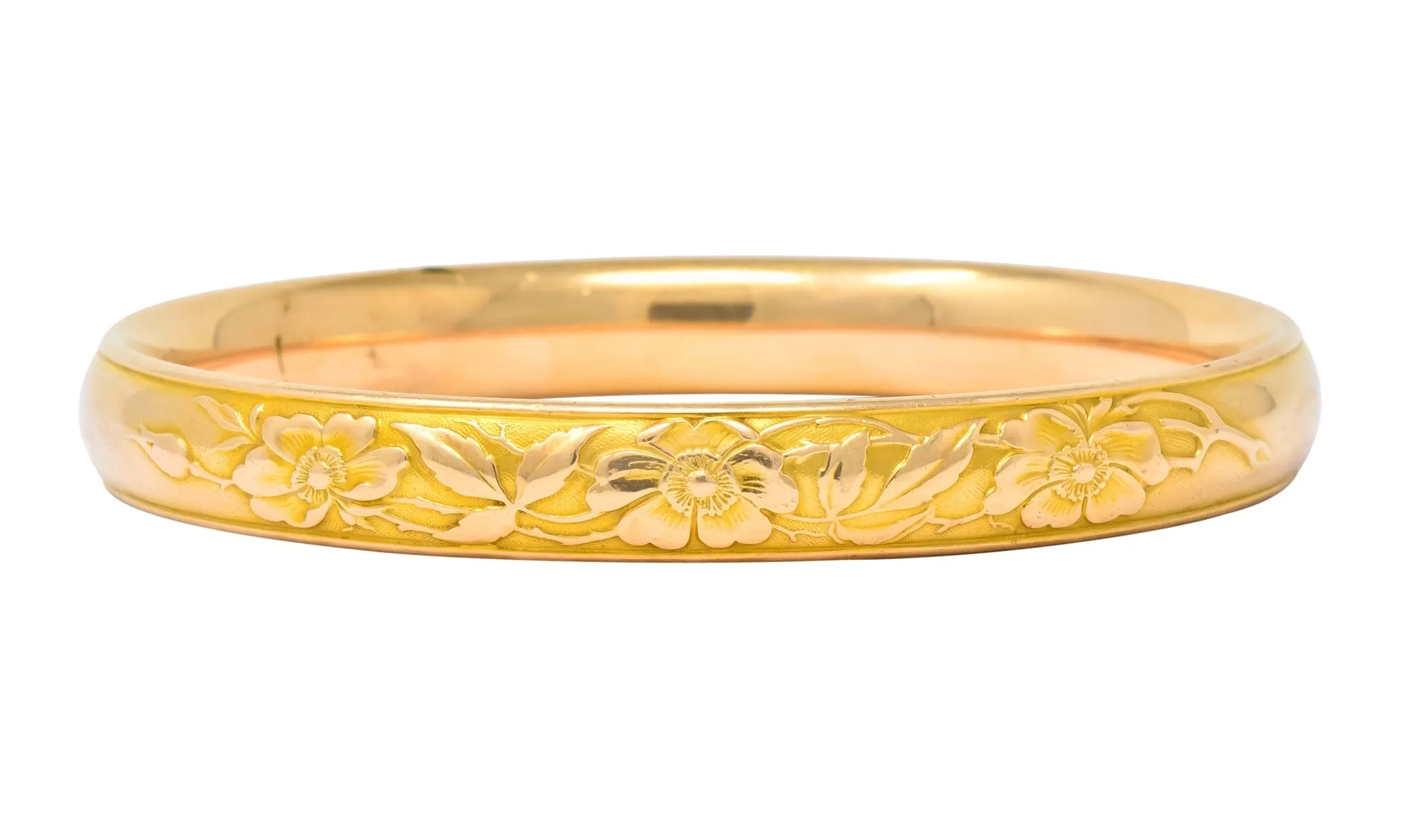 Krementz Diamond Sapphire 14 Karat Gold Engraved Floral Bangle Bracelet