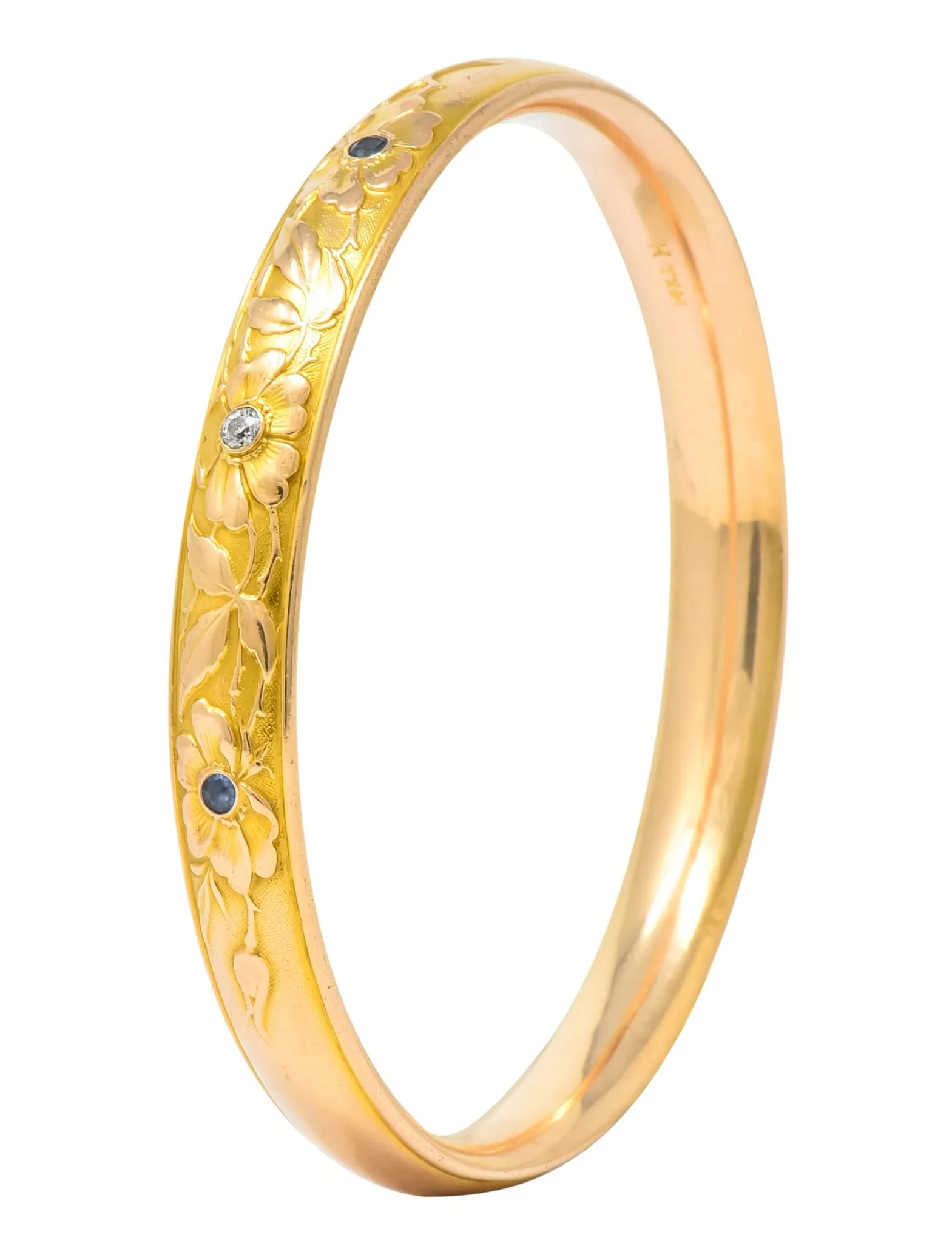 Krementz Diamond Sapphire 14 Karat Gold Engraved Floral Bangle Bracelet