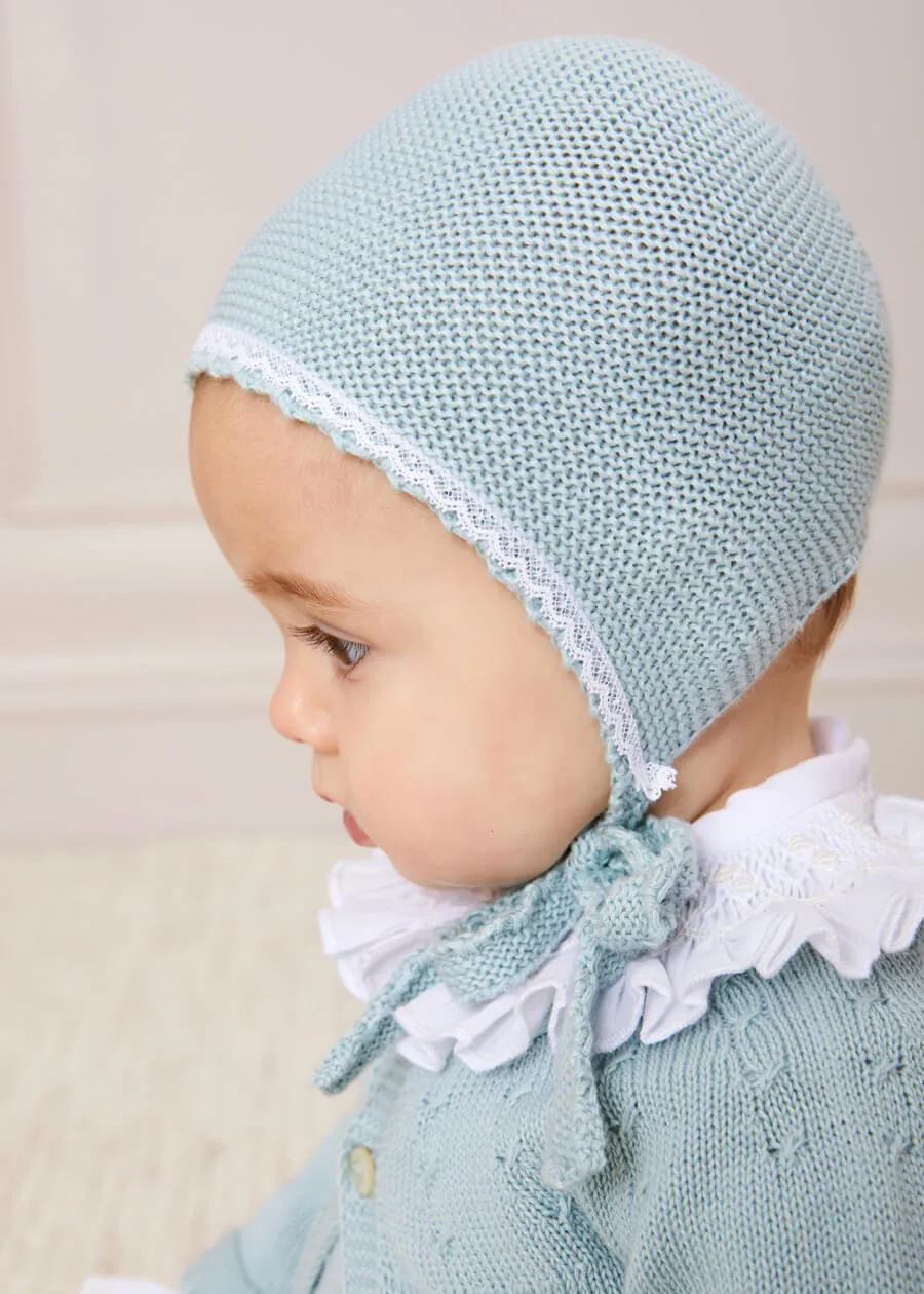 Lace Detail Knitted Bonnet in Green (1-6mths)