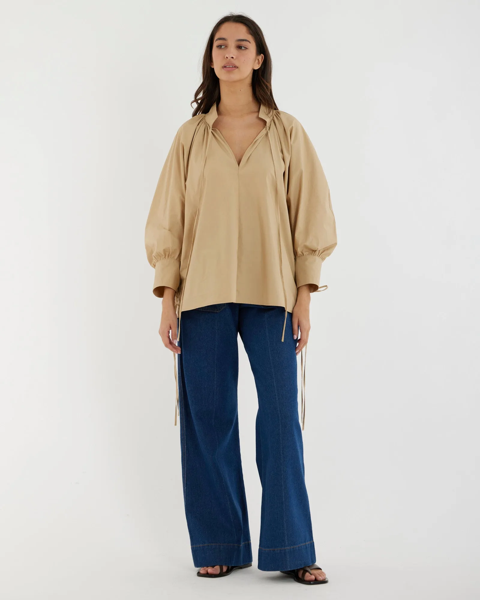 Marie Poplin Tie Blouse - Sand