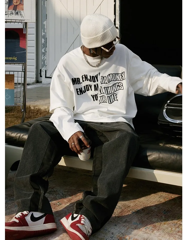 MR. ENJOY DA MONEY  |Unisex Street Style Long Sleeves Plain Oversized Logo Tops