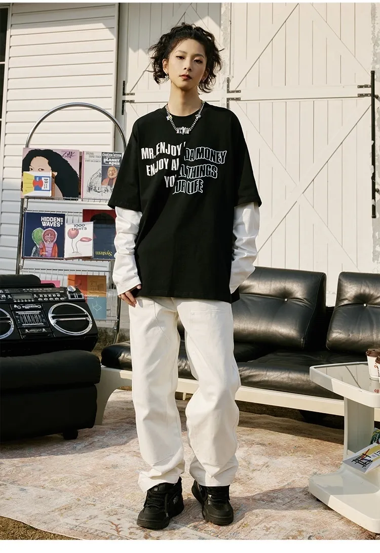 MR. ENJOY DA MONEY  |Unisex Street Style Long Sleeves Plain Oversized Logo Tops