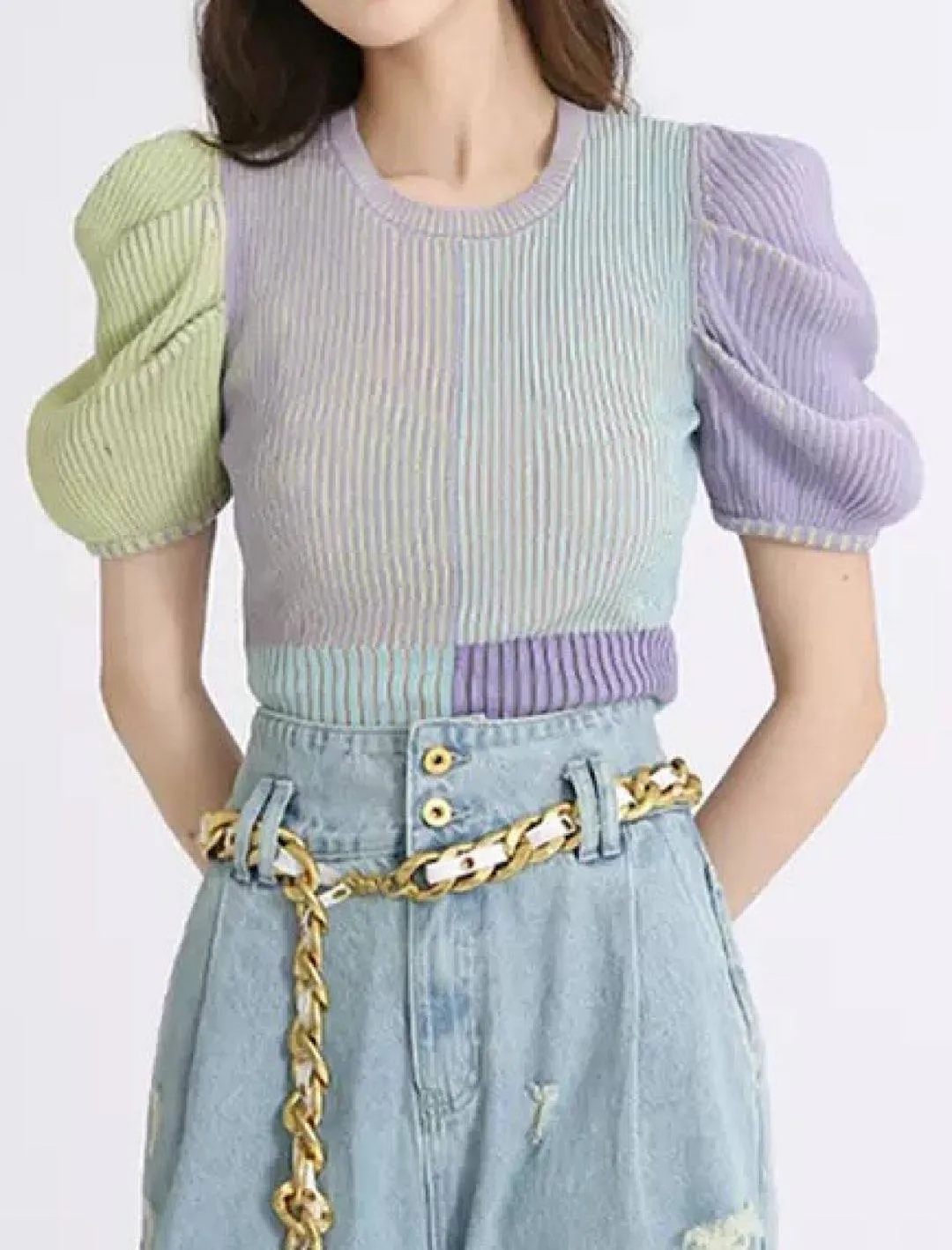 Multi Color Puff Short Sleeve Knit Top