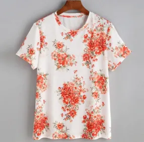 New Women Flower Print O Neck Cotton Short Sleeve T-Shirt Women Loose Vintage Tops Ladies Poleras De Mujer #417 GS