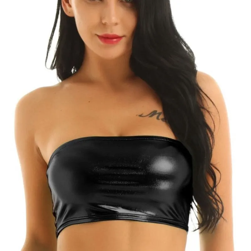 Off Shoulder Strapless Light Patent Leather Tube Crop Top