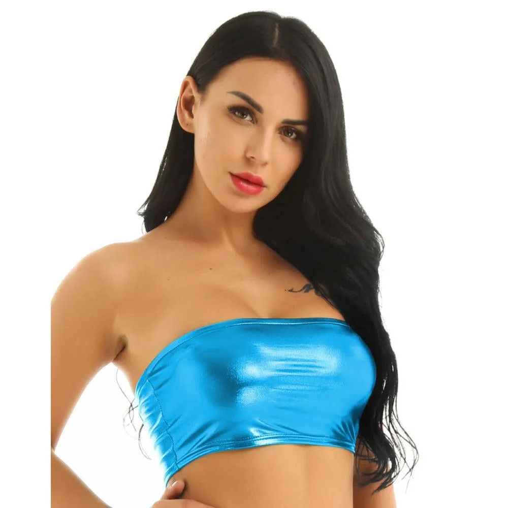 Off Shoulder Strapless Light Patent Leather Tube Crop Top