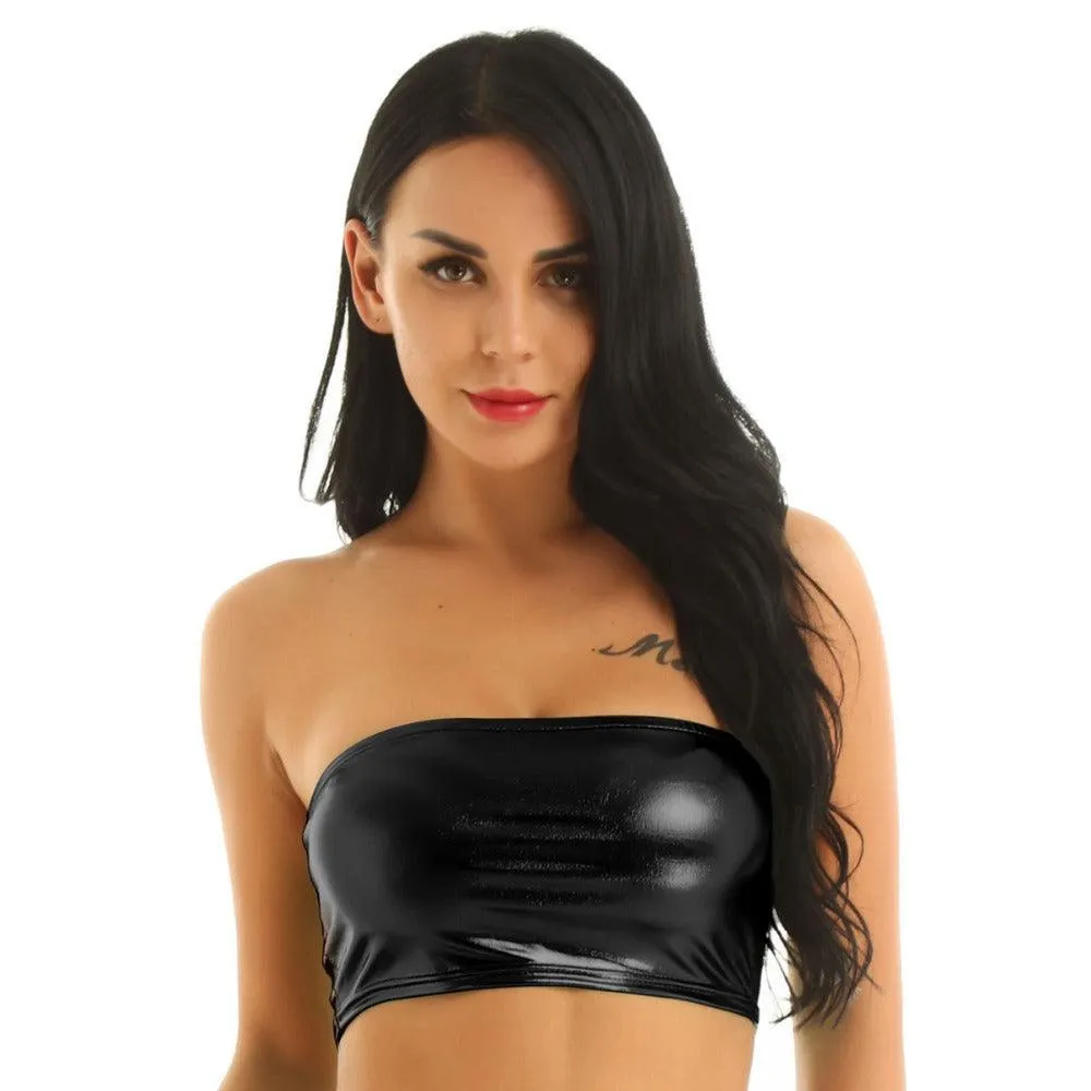 Off Shoulder Strapless Light Patent Leather Tube Crop Top