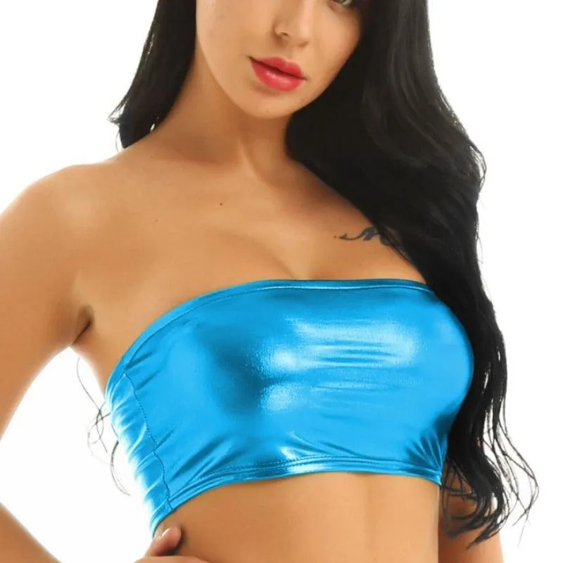 Off Shoulder Strapless Light Patent Leather Tube Crop Top