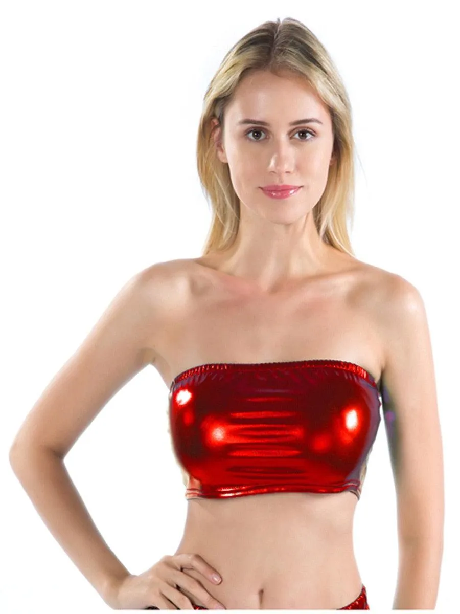 Off Shoulder Strapless Light Patent Leather Tube Crop Top