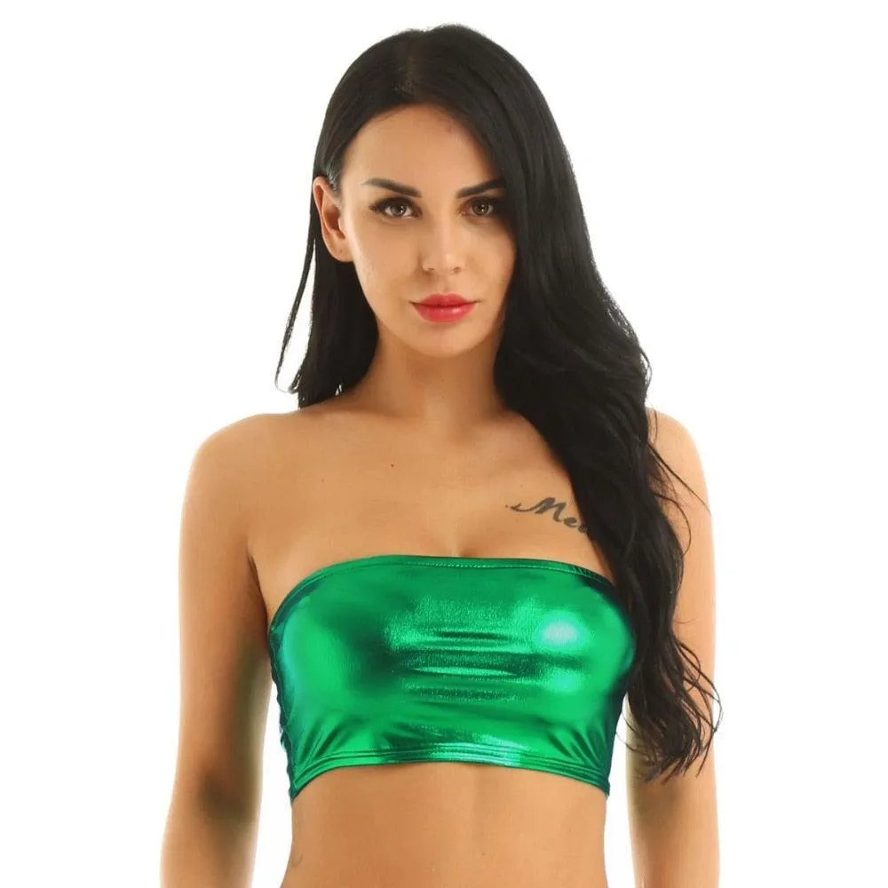 Off Shoulder Strapless Light Patent Leather Tube Crop Top