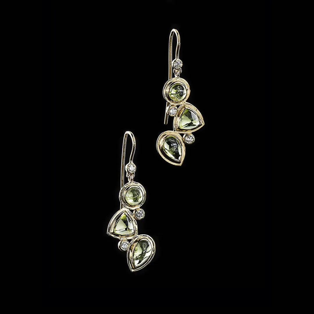 Peridot & Diamond 18K Gold Drop Earrings, Mosaic 3 Stone